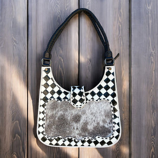 Checker tooled leather & cowhide shoulder bag