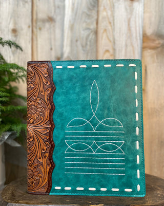 Turquoise Boot-Stitch Tooled Leather Planner/Portfolio