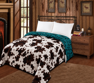 Turquoise floral/ cowprint reversible- Mia blanket