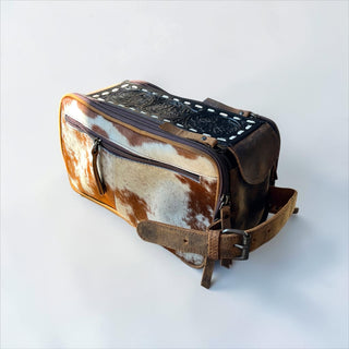 Black tooled leather & cowhide toiletry bag