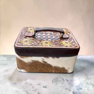 Yellow blossom tooled leather & cowhide jewelry box