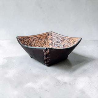 Floral tooled leather small bowl