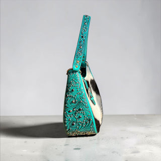 Turquoise tooled leather & cowhide shoulder bag