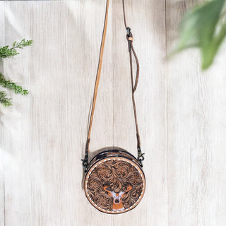 Deer tooled leather canteen bag