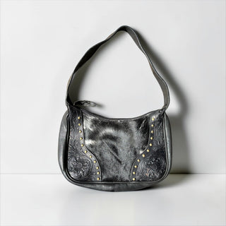 Black cowhide & tooled leather shoulder bag