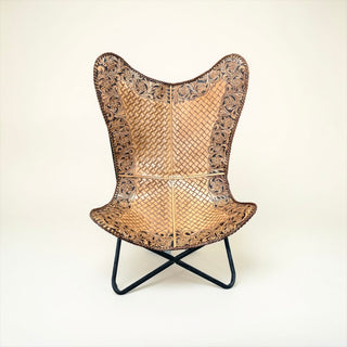 Tan tooled leather butterfly chair