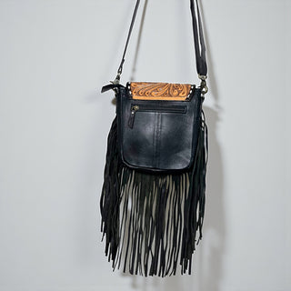 Black tooled leather fringe crossbody bag