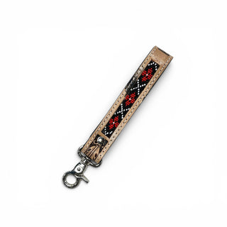 Black/red Aztec tooled leather wristlet strap