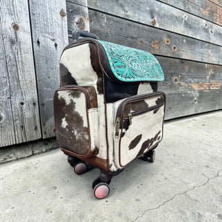 blanket roll backpack leather catching details that make every piece one of a kind Turquoise tooled leather & cowhide