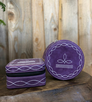 Violet BootStitch Tooled Leather Round Jewelry Box