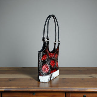 Red blossom tooled leather & cowhide shoulder bag