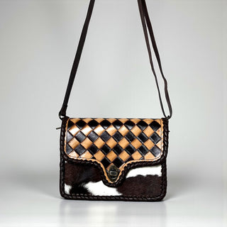 Brown checker tooled leather crossbody bag