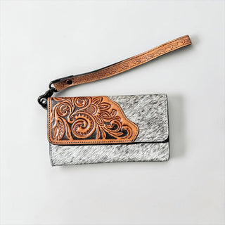 Chocolate tooled leather & cowhide wallet