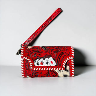 Red cards tooled leather & cowhide wallet