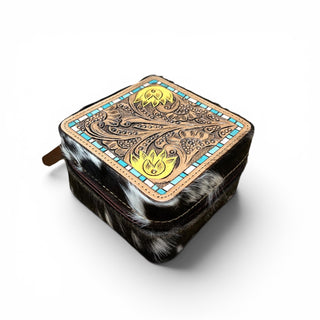 Yellow blossom tooled leather & cowhide jewelry box