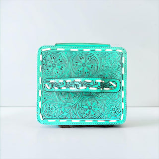 Turquoise tooled leather & cowhide makeup box