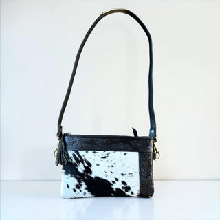 Black tooled leather & cowhide crossbody bag