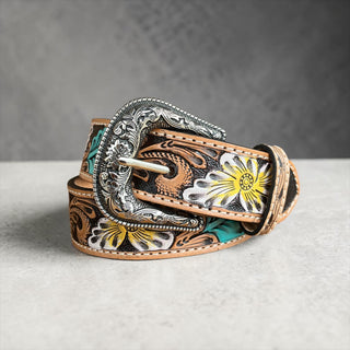 Sunset trail tooled leather belt