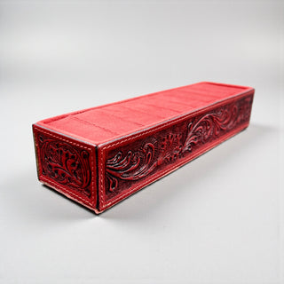 Red tooled leather ring holder