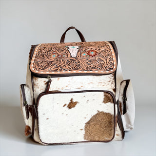 Skull tooled leather & cowhide backpack
