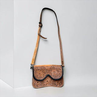 Tan/black tooled leather crossbody bag