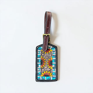Sunflower tooled leather luggage tag