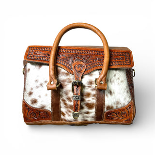 Cowgirl tooled leather & cowhide dipper bag