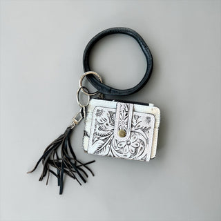 Silver tooled leather wristlet wallet
