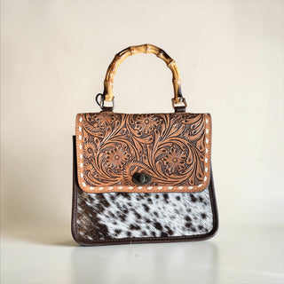 Bamboo handle cowhide handbag