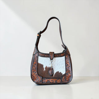 Chocolate tooled leather & cowhide shoulder bag