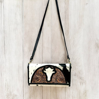 Black bull tooled & cowhide crossbody wallet