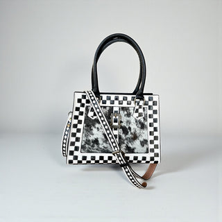 Checker tooled leather & cowhide tote bag