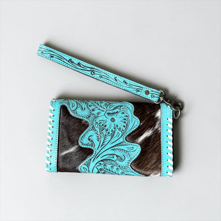 Turquoise cards tooled leather & cowhide wallet