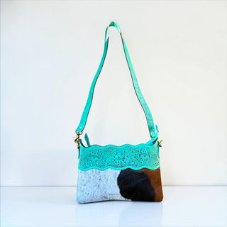 Turquoise tooled leather & cowhide crossbody bag