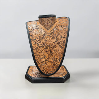 Brown all tooled leather necklace display