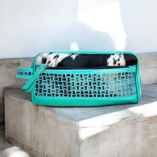 Turquoise cowhide & leather toiletry bag