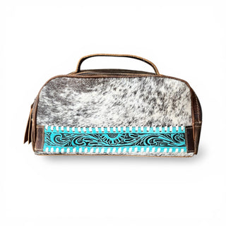 Turquoise blossom tooled leather & cowhide toiletry bag