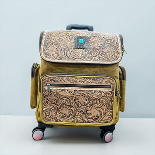 All leather floral tooled leather rolling backpack