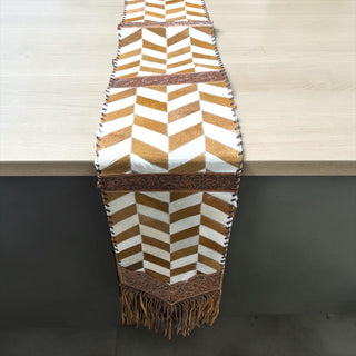 Tan patchwork cowhide & tooled leather table runner