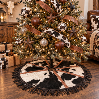Fringe tooled leather & cowhide tree skirt