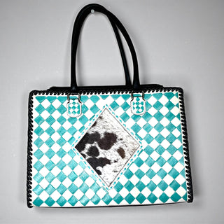 Turquoise checkered tooled & cowhide tote bag