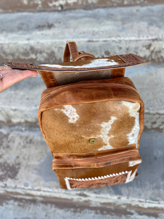 Tan Tooled Leather & Cowhide Backpack