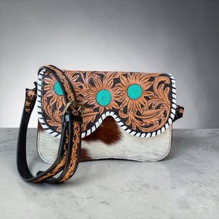 Sunflower tooled leather & cowhide crossbody bag