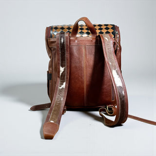 Brown checkered tooled leather & cowhide backpack