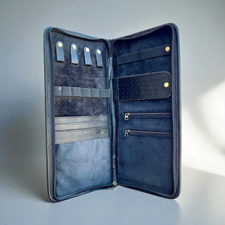 Blue checker tooled leather & cowhide jewelry wallet