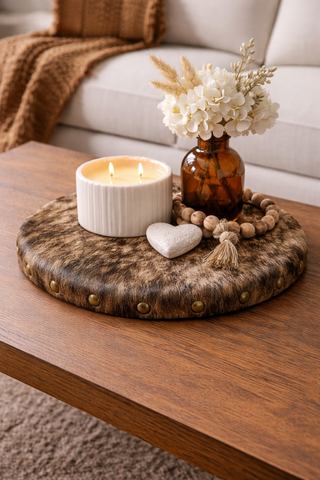 Brindle cowhide lazy Susan turntable