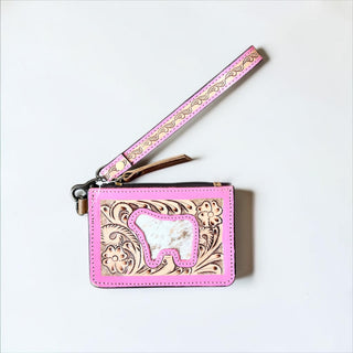 Pink tooled leather & cowhide coin pouch
