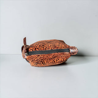 Orange floral embossed leather makeup bag