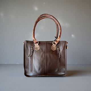 Brown tooled leather & cowhide tote bag
