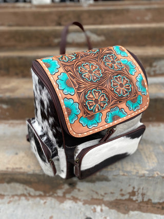 Turquoise Tooled Leather & Cowhide Backpack